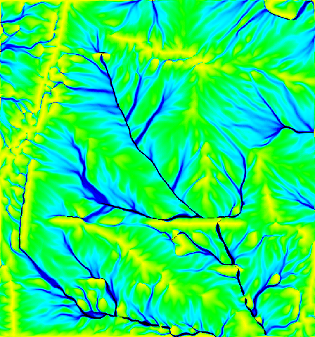 r.carve example: original DEM flow accumulated